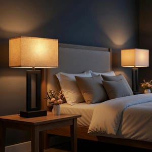 Puede incluir: Una escena de dormitorio con dos lámparas rectangulares con pantallas color beige y bases negras. Las lámparas están sobre mesitas de noche de madera junto a una cama con ropa de cama blanca y beige. Flores decorativas en un jarrón añaden un toque de color.
