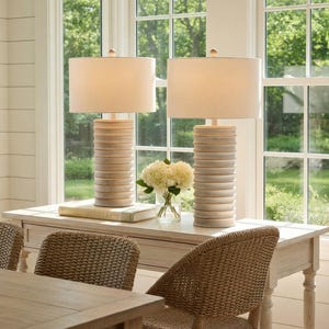 Rustic Farmhouse Style White Wash Stacked Wood Table Lamp with a Beige Linen Shade, Suitable for Bedroom, Bedside