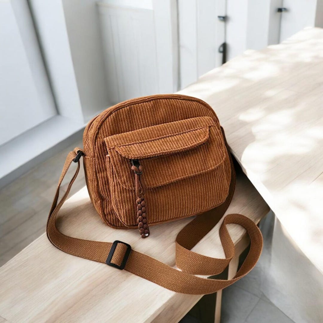 Petit Sac Bandoulière Velours Côtelé Noir - Sangle Réglable, Pour Ados Et Quotidien