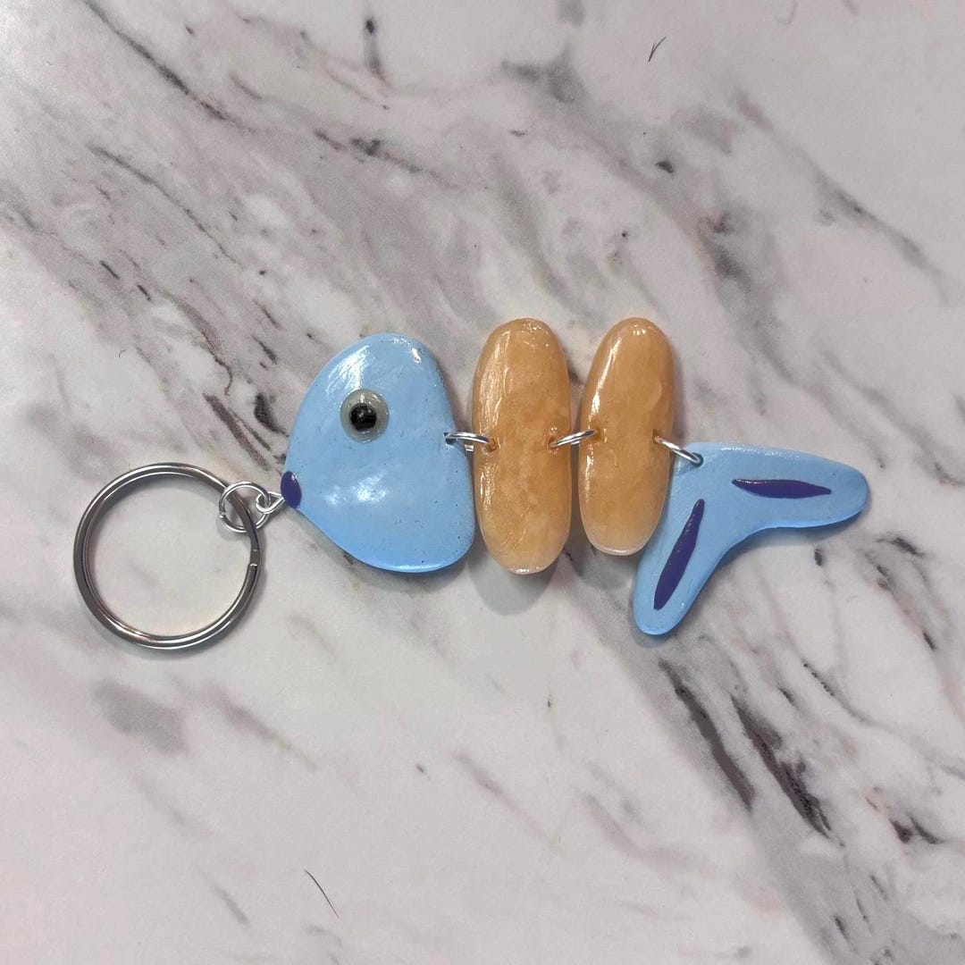 Blue Fish With Bone Keychain Clay Sculpture Charm [100% Handmade!] - Etsy