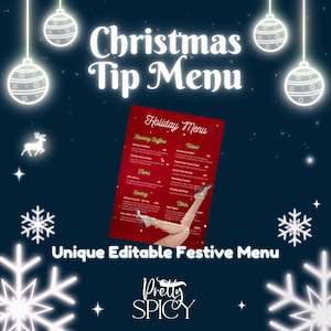 May include: A red and white Christmas tip menu with a festive design. The menu includes a list of "Stacking Stuffers" and "Tidbits" with prices. The menu is titled "Holiday Menu".