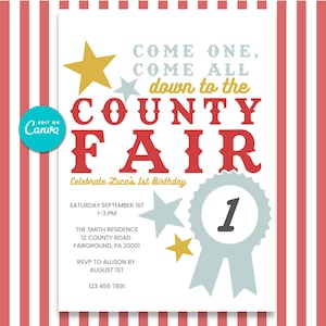 County Fair Birthday Invitation | Personalized Carnival Party Invite | Editable Canva Template