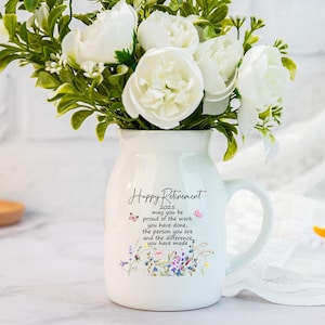 Personalized Happy Retirement Ceramic Flower Vase, Custom Unique Retirement Gift, Appreciation Gift, Retired Coworker Gift, Teacher Gift