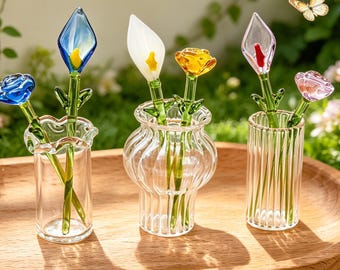 Buquê de flores de vidro para decoração de casa, mini flor de nascimento para presente de Dia das Mães, presente para avó, flor de vidro com vaso, flor de primavera soprada à mão