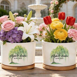 Personalized Wedding Ceramic Planter with Names,Custom Willow Tree Wedding Keepsake Gift for Couple,Wedding Anniversary Gift,New Home Decor