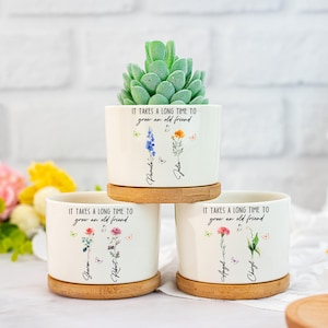 Vaso de flores de nascimento personalizado, vaso de cerâmica com flores de amizade personalizado, presentes para melhores amigas, presentes de aniversário para melhores amigas, decoração para a família