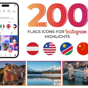 May include: A graphic design featuring the number 200 in red and orange with the text "FLAGS ICONS FOR Instagram HIGHLIGHTS" below. The graphic also includes four circular icons with flags of Austria, Liberia, Namibia, and China.