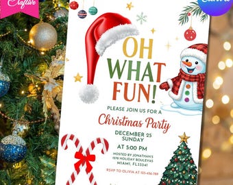 Christmas Party Invitation | Kids Holiday Santa Hat Oh What Fun Invite | Editable Canva Template