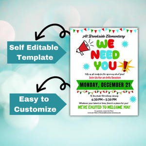 以下が含まれることがあります： 赤、緑、青で「WE NEED YOU！」と書かれたチラシ。12月21日にBrookside Elementaryで開催される情報セッションを宣伝しています。チラシは簡単にカスタマイズでき、自己編集可能です。