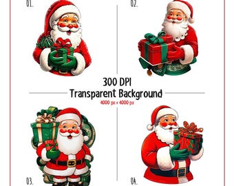 4 Santa Claus Holding Gift Box, PNG Clipart, Merry Christmas PNG, Instant Download, Santa Xmas PNG, Holidays are Coming