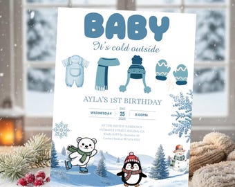 Baby It’s Cold Outside Baby Shower Invitation | Pink Winter Girl Baby Shower Template | Editable Canva Invite | Snowflake Baby Shower