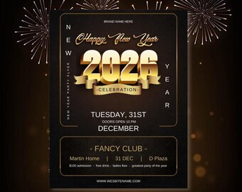 Modello modificabile di volantino per la festa di Capodanno 2026 in formato Canva, poster stampabile per la celebrazione in oro e nero, download digitale