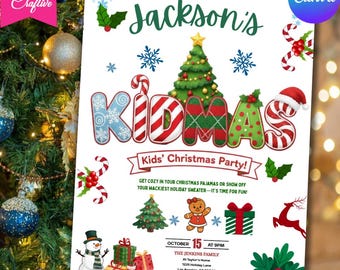 Kids Christmas Invitation | Holiday Party Invite for Children | DIY Canva Design Editable Template