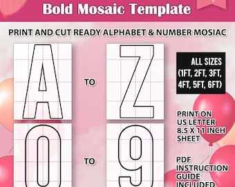 A-Z Letters and 0-9 Numbers Mosaic, Bold letters & Numbers, Mosaic From Balloons Template, Mosaic Alphabet, Mosaic Templates, 1-6ft Tall