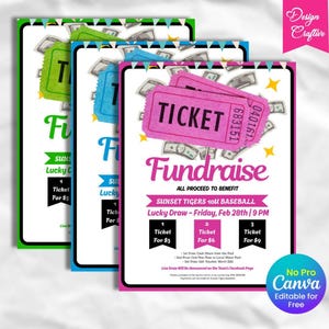 May include: Three colourful fundraiser flyers with the text "Fundraise" and "Ticket" are displayed. The flyers are for a Sunset Tigers 10U Baseball Lucky Draw. Each flyer has a different coloured border: green, blue, and pink.