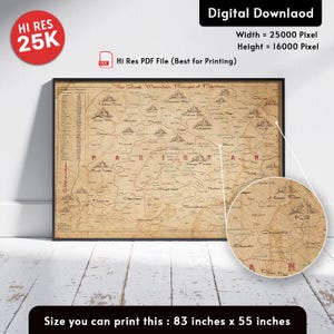 Mappa del Pakistan settentrionale, Himalaya, picchi del Karakorum, antica mappa delle 5 montagne più alte, mappa del Pakistan settentrionale, mappa del K2 Concordia, download digitale