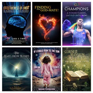 Puede incluir: Un collage de seis portadas de libros. La portada superior izquierda presenta un cerebro azul con el texto "Perspectives of the Effectiveness of EMDR in Telehealth for PTSD Patients" y "Dr. Linda G Timme". La portada superior central presenta un corazón ardiente con el texto "Finding Your God-Mate!" y "Anthony Greve and Sarah Myers Greve". La portada superior derecha presenta un boxeador con el texto "We Build Champions, A Boxing Classic, Untold Until Now!" y "Gene Earl Bradford". La portada inferior izquierda presenta un faro con el texto "The Light From Within, Unseen Power Forged in Fire" y "Written by Lorenzo". La portada inferior central presenta a una niña caminando hacia un sol con el texto "If I Could Run to the Sun, Dream Series" y "Marianne Vanwingerden". La portada inferior derecha presenta un libro abierto con el texto "Corner Mansion Poetry, No Greater Love" y "Nancy McDonald".