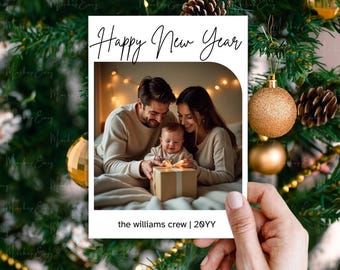 Modern Minimalist New Year Card Template – Editable Boho Arch Photo Card | Handwritten Script | DIY Printable Invitation | Editable in Canva