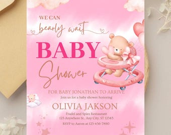 Pink Bear Balloon Baby Shower Invitation Bundle Canva Template Printable Event Layout Cute Neutral Theme Digital Download