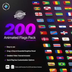 以下が含まれることがあります： Adobe Premiere Pro 用のデジタル製品で、200 のアニメーションフラグが含まれています。この製品は「ベストプロダクト」とラベル付けされており、ビデオチュートリアルが含まれています。「200 Animated Flags Pack for Premiere Pro」というテキストが、大きな紫色の文字で表示されています。