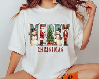 Merry Christmas Shirt, Santa Claus Snowman Tee, Holiday Graphic T-Shirt, Christmas Tree Shirt, Cute Christmas Top, Xmas Digital Artwork