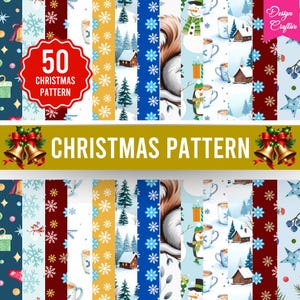 Könnte beinhalten: Eine Sammlung von 50 Weihnachtsmustern. Die Muster zeigen Schneeflocken, Winterszenen mit Häusern und Bäumen sowie festliche Elemente wie Glocken und Geschenke. Die Farbpalette umfasst Rot, Blau, Weiß und Gold.