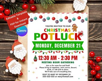 Editable Christmas Potluck Flyer Template | Holiday Party Invitation | Canva Editable Printable Flyer | Instant Digital Download