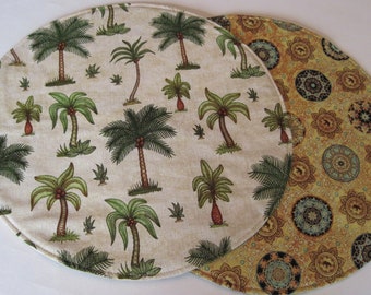 Palm Tree Round Placemats Reversible Set of 2 4 or 6 Tropical Circular Placemats Hawaiian Placemats Beach House Palm Tree Decor Green Tan