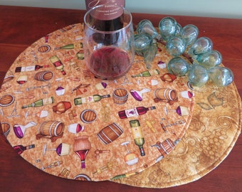 Tan Wine Theme Circular Placemats Centerpiece Reversible Grape Placemats Wine Barrel Beige Placemats Wine Lovers Round Placemats Wine Decor