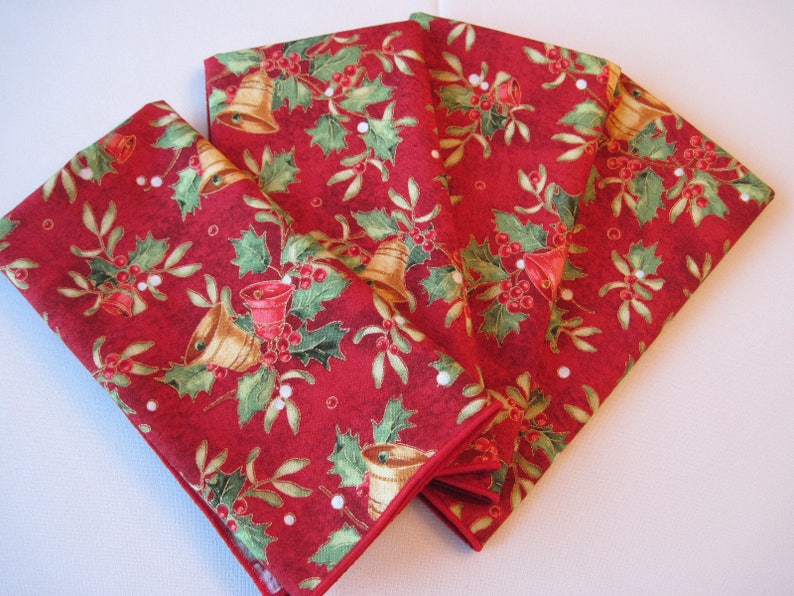 Red Bells Christmas Napkins set 4 or 6 Green Holly Cloth Napkins Green and Red Napkins Holly Napkins Christmas Napkins Christmas table decor