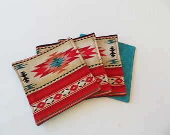 Red Southwestern Coasters Reversible set 4 or 6 Southwest Red Coasters//Mug Rugs Turquoise Coasters Aztec Coasters Sedona Coasters