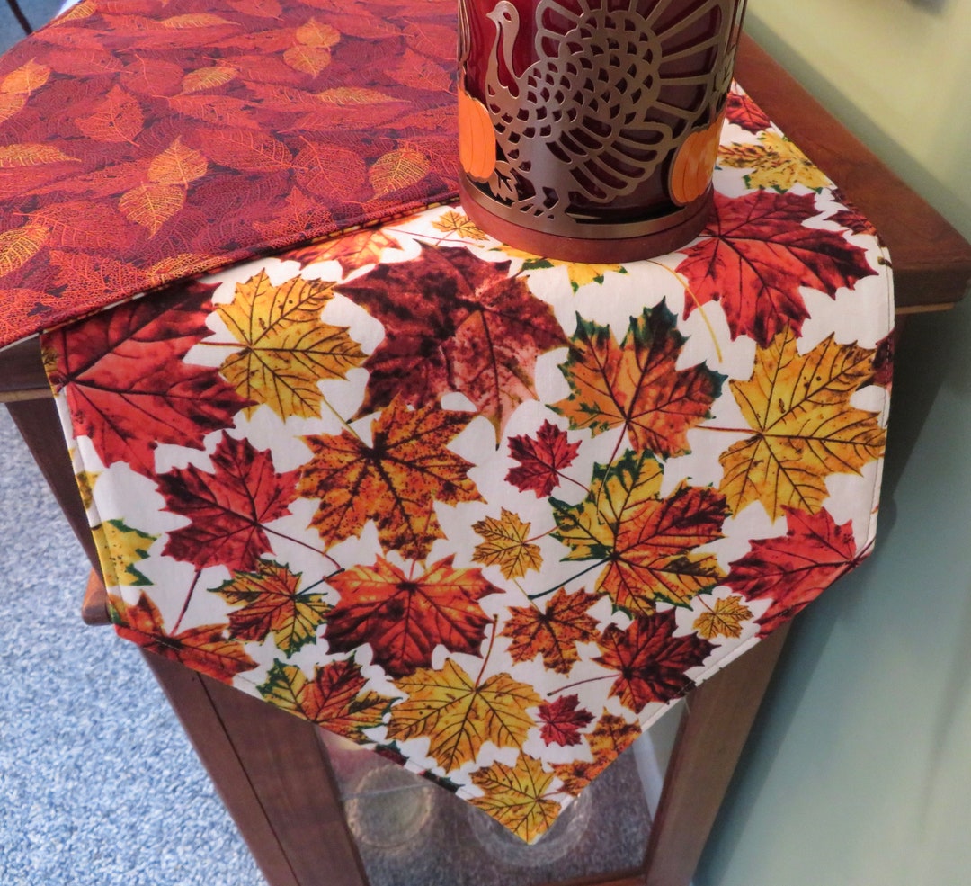 54 Autumn Fall Leaves Table Runner Reversible Large Leaves Burgundy