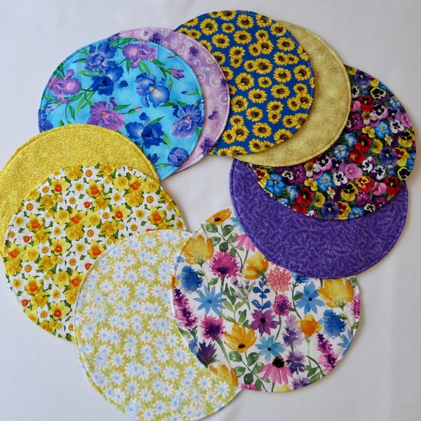 11" Summer Floral Circular Centerpiece Reversible Purple Floral Small Round Placemat Iris Pansy Sunflower Daffodil Iris Round Centerpiece