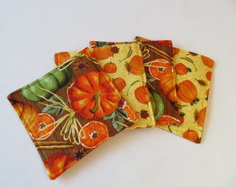 Fall Pumpkin Coasters Set 4 or 6 Reversible Autumn Brown Coasters Orange Green Yellow Autumn Mug Rugs Thanksgiving Pumpkin Table Decor