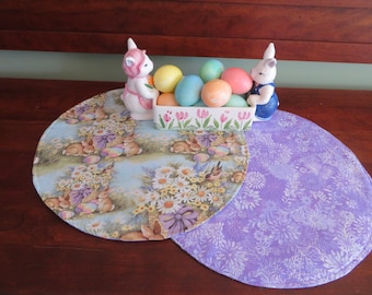 14" Easter Circular Placemats Reversible Set 2 4 6 Round Easter Bunny Centerpiece Easter Eggs Basket and Daisy  Placemats Easter Table decor