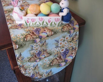 36"  Easter Table Runner, Reversible Aqua Bunny & Lavender Floral