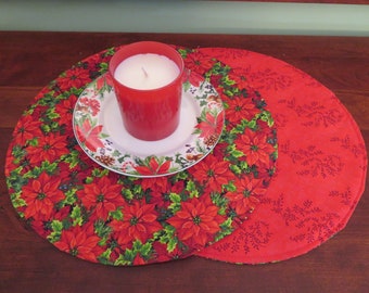 Red Christmas Poinsettia Round Placemats Centerpiece Reversible Circular Christmas Placemats Christmas Centerpiece Red Christmas Home Decor