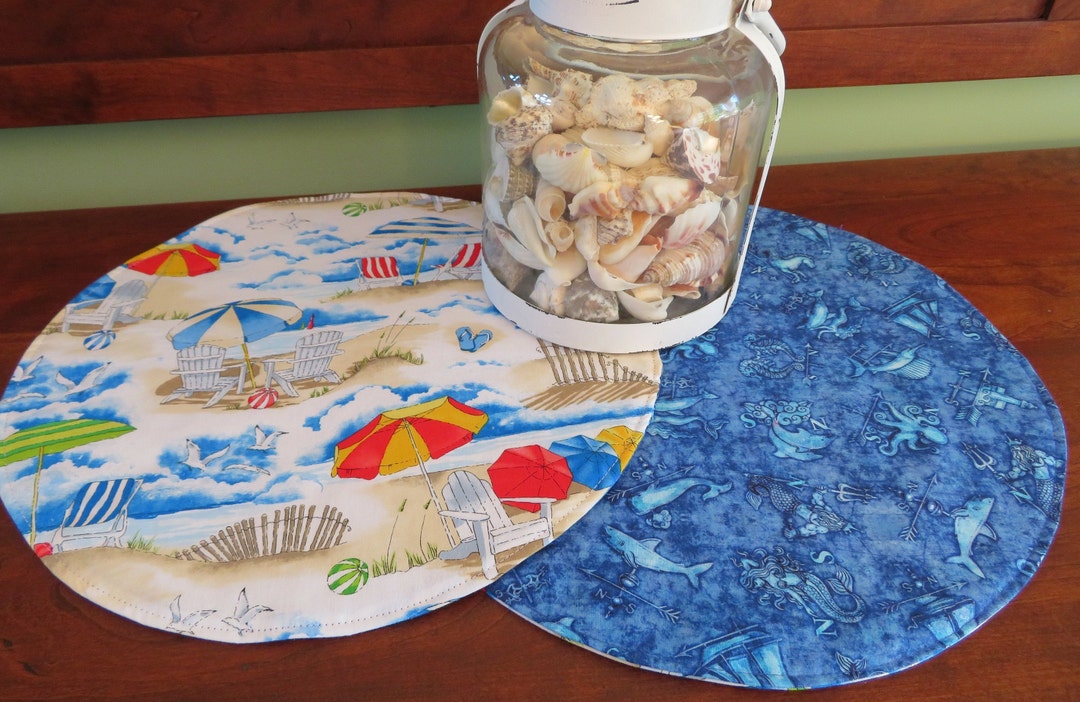 Summer Beach Round Placemats Reversible Set Seaside Circular Placemats
