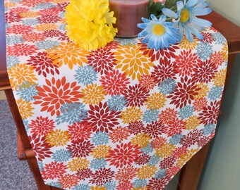 72" Spring Floral Sunburst Table Runner Reversible Golden Yellow Blue Table Runner Orange Table Runner Modern Home Decor Spring Centerpiece