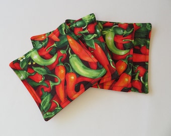 Hot Chili Peppers Coasters Set of 4 or 6  Reversible Red Green Pepper Mug Rugs Fall Southwest Coasters Hot Pepper Kitchen table decor