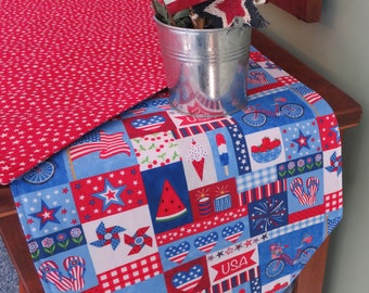 54" Summer Fun Table Runner Reversible Red White and Blue Table Runner American Flag  Patriotic Centerpiece 4th of July Table Runner