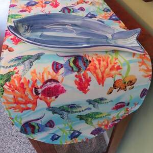 36&quot; Tropical Fish Turtle Table Runner Reversible Nautical Coral Reef Table Runner Rainbow and Angel Fish Table Runner Fun Beach House Decor