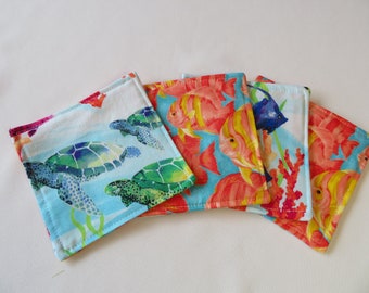 Tropical Fish Coasters set 4 or 6 Reversible Turtle Coasters Seahorse Angel Rainbow Fish Mug Rugs Summer Coral Reef Coasters beach decor