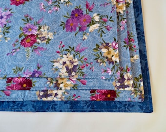 Blue Floral Placemats Set of 4 or 6 Reversible Blue and Purple Placemats Soft Blue Rectangle Placemats Spring Summer Placemats