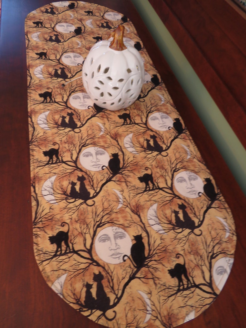 36" Black Cats and Moons Halloween Table Runner Reversible Fall Autumn ...