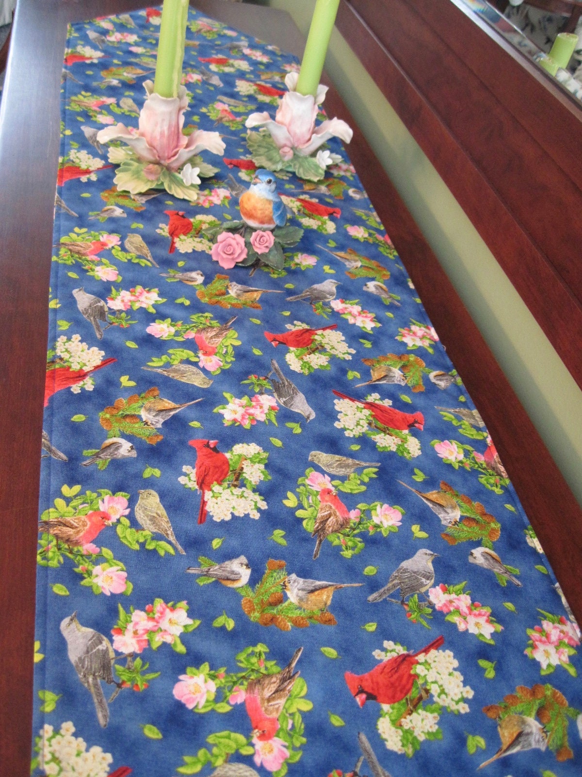 Nature Spring Bird Song Reversible Quilted 54" Table Runner 