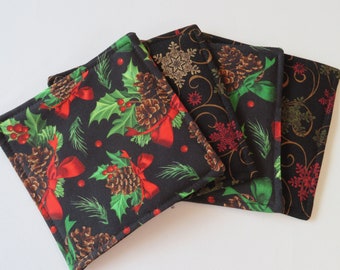 Christmas Holly Coasters Reversible set of 4 or 6 Snowflake Mug Rugs Pinecone Coasters Green Holly and Red Berries Coasters Christmas Gift