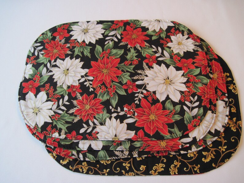 Oval Christmas Placemats Set 4 or 6 Poinsettia Placemats Red Etsy