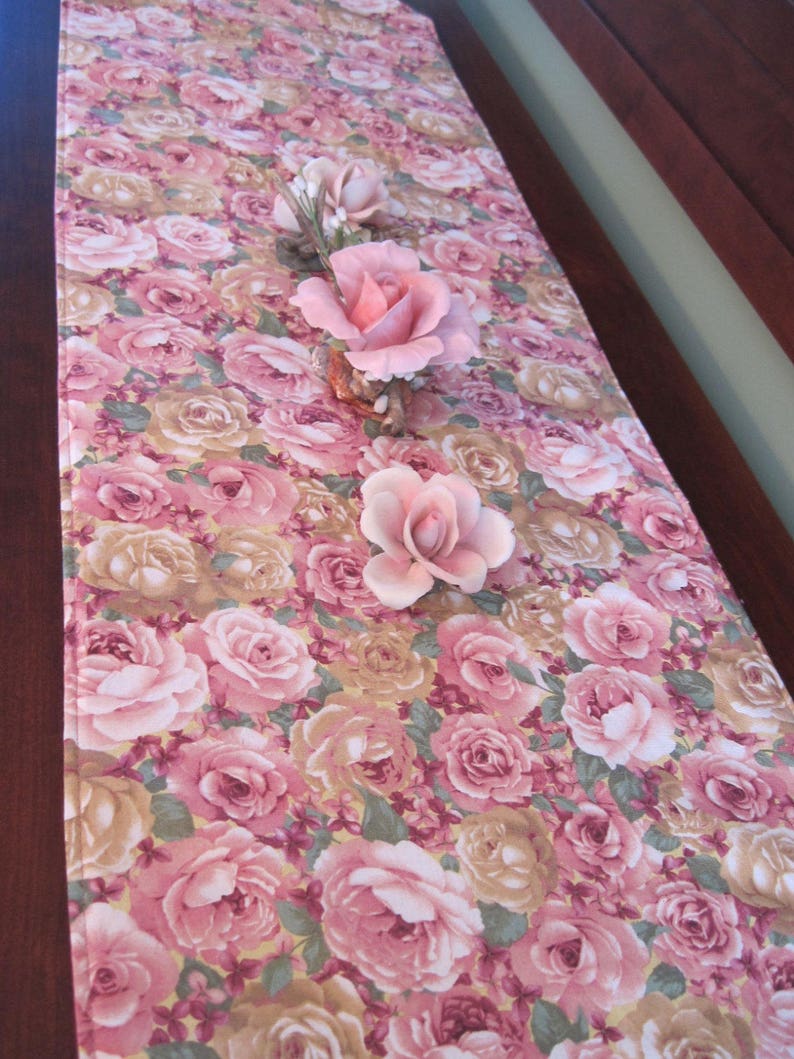 54 72 Pink Rose Table Runner Reversible Table Runner Mauve Cabbage Rose Table Runner Spring Shabby Chic Table Runner Pink Rose Table Decor