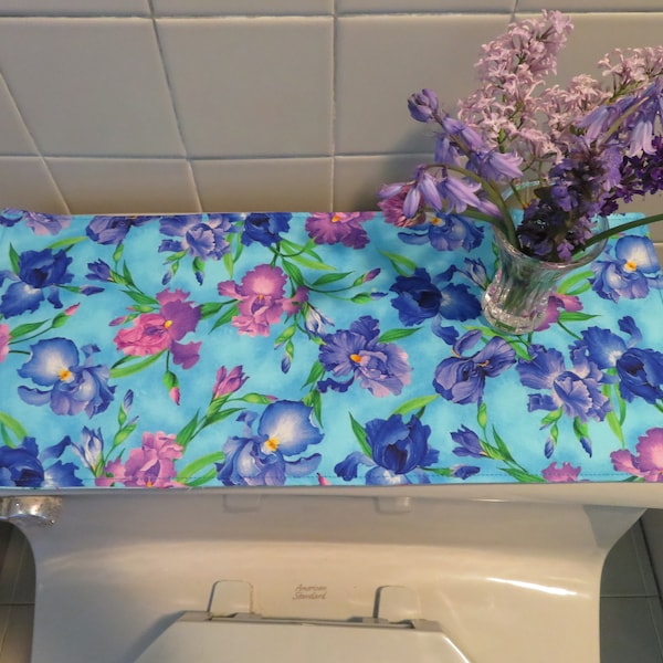 Purple Iris Toilet Tank Runner Turquoise Toilet Tank Topper Blue Toilet Tank Cover Purple Bath Decor Aqua Purple Iris Bathroom Decor